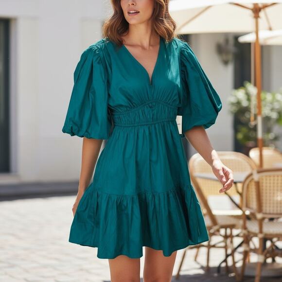 NWT Teal Empire Waist Puff Sleeve Dress Size M - Picture 4 of 12
